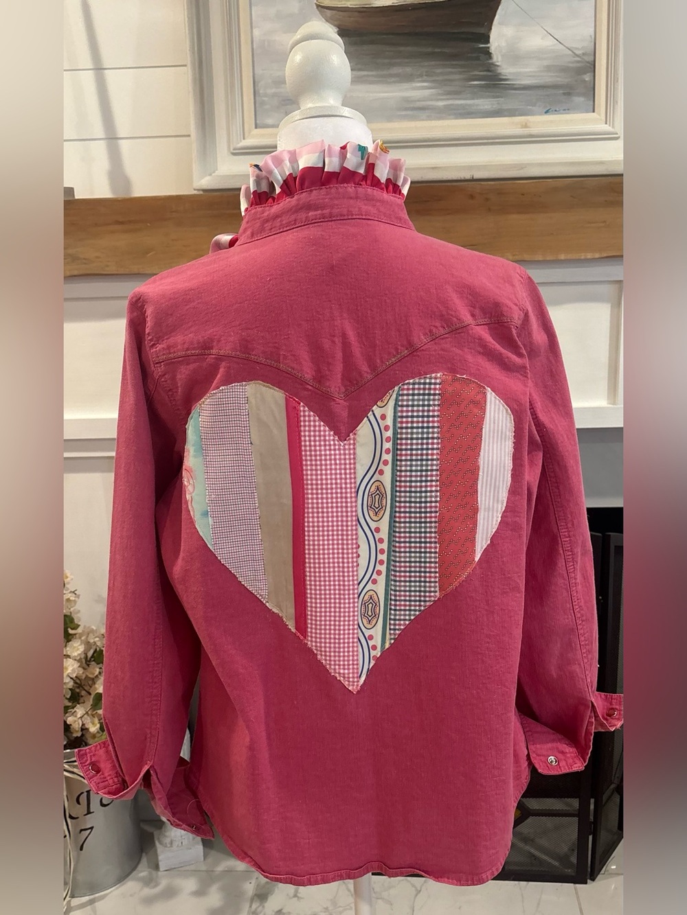 Custom Upcycled jean shacket w/ heart patch on back & Ruffle collar Size Medium